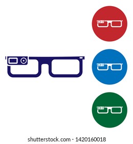 Blue Smart glasses mounted on spectacles icon isolated on white background. Wearable electronics smart glasses with camera and display. Set color icon in circle buttons. Vector Illustration