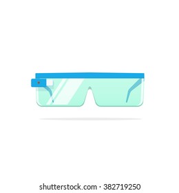 Blue smart glasses vector illustration with photo camera and screen display technology, future wireless glasses device, wearable mobile gadget, mounted headset, hipster glasses modern design isolated