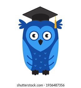 blue smart owl in a hat. symbol of knowledge and university graduation. flat vector character illustration.