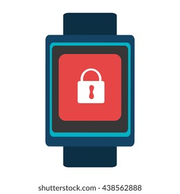 blue  smart watch with blue frame and red square white lock icon on the screen over isolated background, vector illustration