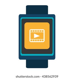 blue  smart watch with blue frame and yellow square white media icon on the screen over isolated background, vector illustration