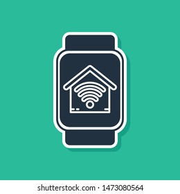 Blue Smart watch with smart home with wi-fi icon isolated on green background. Remote control.  Vector Illustration