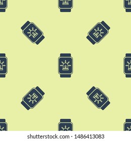 Blue Smart watch with smart house and alarm icon isolated seamless pattern on yellow background. Security system of smart home.  Vector Illustration