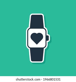 Blue Smart watch showing heart beat rate icon isolated on green background. Fitness App concept.  Vector