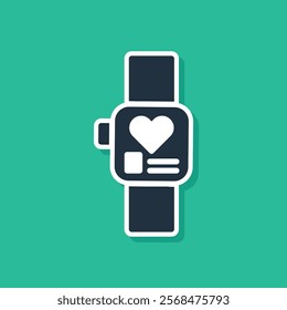 Blue Smart watch showing heart beat rate icon isolated on green background. Fitness App concept.  Vector