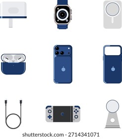 Blue smartphone accessories icon set flat vector illustration featuring phone case, charger, cable, earphones and power bank. Clean modern design for apps, websites, UI, infographics and digital proje