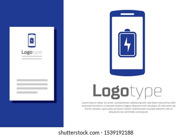 Blue Smartphone battery charge icon isolated on white background. Phone with a low battery charge. Logo design template element. Vector Illustration