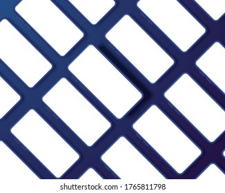 Blue smartphone with blank screen. Rows of mobile phones are placed at an angle. Set of imaginary smartphones. Top view. Vector illustration