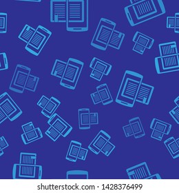 Blue Smartphone and book icon isolated seamless pattern on blue background. Online learning or e-learning concept.  Vector Illustration