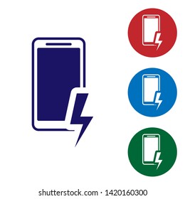 Blue Smartphone charging battery icon isolated on white background. Phone with a low battery charge. Set color icon in circle buttons. Vector Illustration