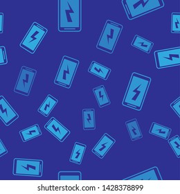 Blue Smartphone charging battery icon isolated seamless pattern on blue background. Phone with a low battery charge. Vector Illustration