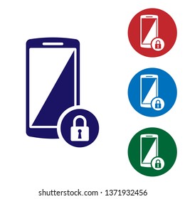 Blue Smartphone with closed padlock icon isolated on white background. Phone with lock. Mobile security, safety, protection concept. Set color icon in circle buttons. Vector Illustration