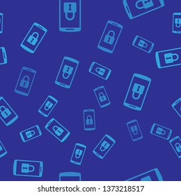 Blue Smartphone with closed padlock icon isolated seamless pattern on blue background. Phone with lock. Mobile security, safety, protection concept. Vector Illustration
