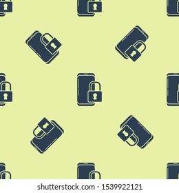 Blue Smartphone with closed padlock icon isolated seamless pattern on yellow background. Phone with lock. Mobile security, safety, protection concept.  Vector Illustration