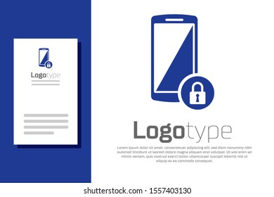 Blue Smartphone with closed padlock icon isolated on white background. Phone with lock. Mobile security, safety, protection concept. Logo design template element. Vector Illustration
