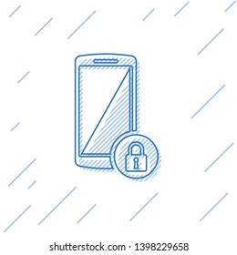 Blue Smartphone with closed padlock line icon isolated on white background. Phone with lock. Mobile security, safety, protection concept. Vector Illustration