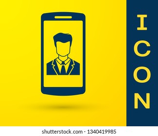 Blue Smartphone with contact on screen icon isolated on yellow background. Incoming call. Human on phone screen. Call contact. Vector Illustration