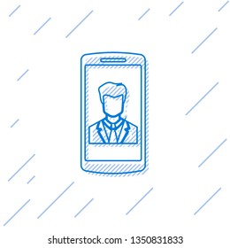 Blue Smartphone with contact on screen line icon isolated on white background. Incoming call. Human on phone screen. Call contact. Vector Illustration
