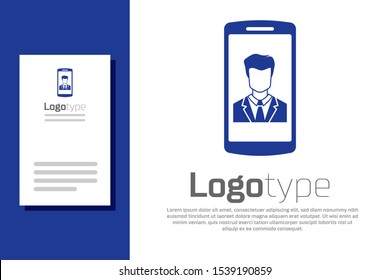 Blue Smartphone with contact on screen icon isolated on white background. Incoming call. Human on phone screen. Call contact. Logo design template element. Vector Illustration