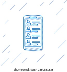 Blue Smartphone with contacts on screen line icon isolated on white background. Incoming call. People on phone screen. Call contact. Vector Illustration