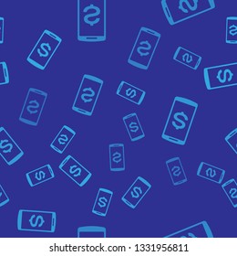 Blue Smartphone with dollar symbol icon isolated seamless pattern on blue background. Online shopping concept. Financial mobile phone icon. Online payment icon. Vector Illustration
