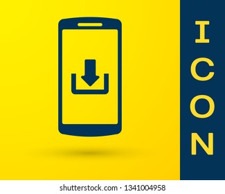 Blue Smartphone with download icon isolated on yellow background. Vector Illustration