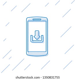 Blue Smartphone with download line icon isolated on white background. Vector Illustration
