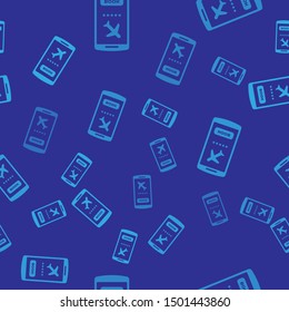 Blue Smartphone with electronic boarding pass airline ticket icon isolated seamless pattern on blue background. Passenger plane mobile ticket for web and app.  Vector Illustration