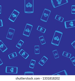 Blue Smartphone with heart rate monitor function icon isolated seamless pattern on blue background. Vector Illustration