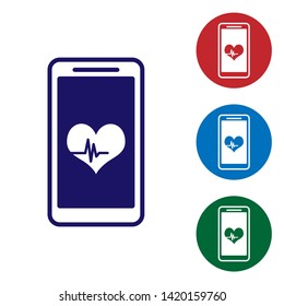 Blue Smartphone with heart rate monitor function icon isolated on white background. Set color icon in circle buttons. Vector Illustration