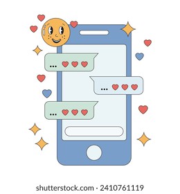Blue smartphone with hearts, love romantic messages in retro style. Communication concept, love letters, correspondence of lovely couple. For card, poster, social media posts. Valentine day greeting.