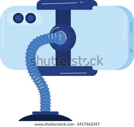 Blue smartphone holder with flexible arm and clamp. Mobile phone mount for hands-free use vector illustration.