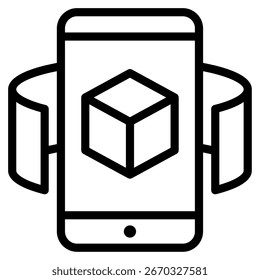 Ícone de smartphone azul com um cubo 3D rosa, ideal para tecnologia, aplicativos móveis e marca digital.