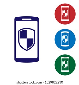 Blue Smartphone, mobile phone with security shield icon isolated on white background. Set color icon in circle buttons. Vector Illustration