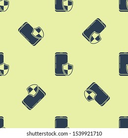 Blue Smartphone, mobile phone with security shield icon isolated seamless pattern on yellow background. Security, Security, safety, protection concept.  Vector Illustration