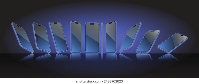 Blue Smartphone mock-up in different angles collection. 3D perspective view mobile phone and cellphone mockup. Front, perspective side view template. Vector.