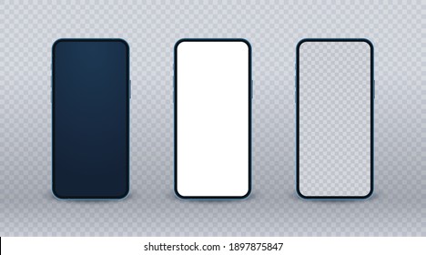 Blue smartphone mockup, realistic mobile phone set with modern thin frame and blank screen on transparent background. Front view of glass cellular display for show your app design. Vector template.