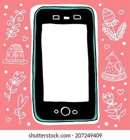 Blue smartphone on pink background.
