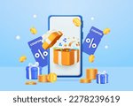 Blue smartphone with open gift box and discount voucher or coupon percentage sale, confetti, falling coins, gift box concept. Online shopping concept. sale promotion banner. 3d vector illustration