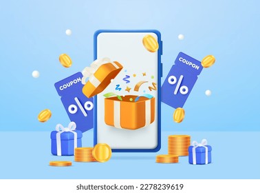 Blue smartphone with open gift box and discount voucher or coupon percentage sale, confetti, falling coins, gift box concept. Online shopping concept. sale promotion banner. 3d vector illustration