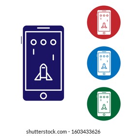 Blue Smartphone and playing in game icon isolated on white background. Mobile gaming concept. Set color icons in circle buttons. Vector Illustration
