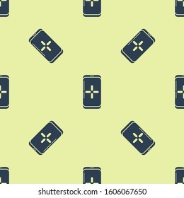Blue Smartphone and playing in game icon isolated seamless pattern on yellow background. Mobile gaming concept.  Vector Illustration