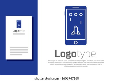 Blue Smartphone and playing in game icon isolated on white background. Mobile gaming concept. Logo design template element. Vector Illustration