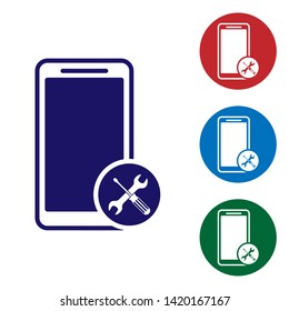 Blue Smartphone with screwdriver and wrench icon isolated on white background. Adjusting, service, setting, maintenance, repair, fixing. Set color icon in circle buttons. Vector Illustration