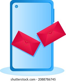 Blue smartphone with two red envelopes with yellow hearts vector illustration