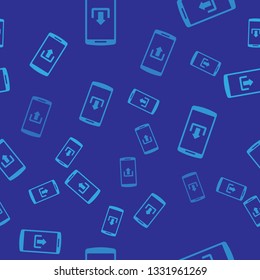 Blue Smartphone with upload icon isolated seamless pattern on blue background. Vector Illustration