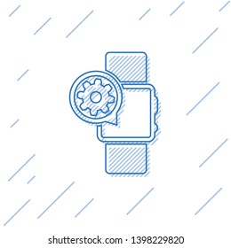 Blue Smartwatch and gear line icon isolated on white background. Adjusting app, service concept, setting options, maintenance, repair, fixing. Vector Illustration