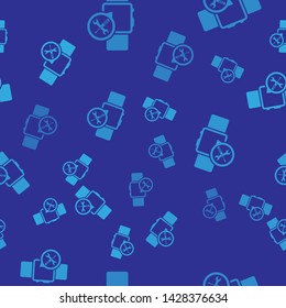 Blue Smartwatch with screwdriver and wrench icon isolated seamless pattern on blue background. Adjusting, service, setting, maintenance, repair, fixing.  Vector Illustration