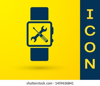 Blue Smartwatch with screwdriver and wrench icon isolated on yellow background. Adjusting, service, setting, maintenance, repair, fixing.  Vector Illustration