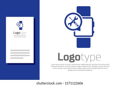 Blue Smartwatch with screwdriver and wrench icon isolated on white background. Adjusting, service, setting, maintenance, repair, fixing. Logo design template element. Vector Illustration